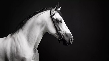 A striking black-and-white portrait of a horse, showcasing its elegant features and expression.