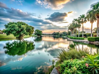Obraz premium Serene Reflections on Lake Mangonia: A Tranquil Waterscape in West Palm Beach, Florida Capturing the Essence of Nature, Calm Waters, and Lush Surroundings