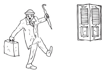 Clown Using Businessman Suitcase, near closed Antique Window, Simple Vector Hand Draw Sketch