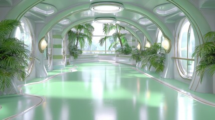 Obraz premium Futuristic Interior with Curvilinear Design and Lush Greenery in a Bright and Airy Space Featuring Large Windows and Gleaming Floors