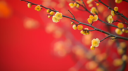 Branches with yellow apricot flowers on a bright red background. Tet, Lunar New Year or Chinese New Year card background, copyspace for your text. Spring flowers.