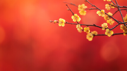 Branches with yellow apricot flowers on a bright red background. Tet, Lunar New Year or Chinese New Year card background, copyspace for your text. Spring flowers.