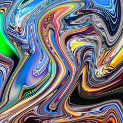 Obraz premium Abstract digital art with wavy, overlapping gradient background, deformed holographic metallic object