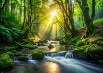 Serene Stream Flowing Through Lush Green Forest: A Captivating Urban Exploration Photography Experience in Nature's Hidden Gem