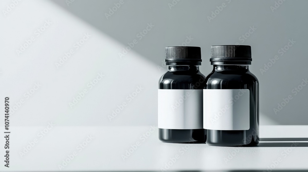 Poster two identical black and white supplement bottles with empty space for text, placed on a clean, brigh