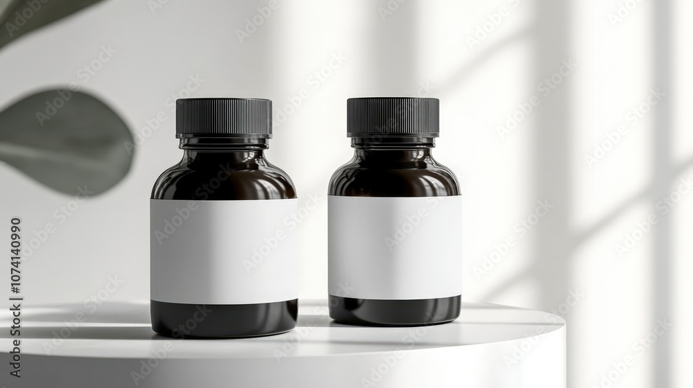 Poster two identical black and white supplement bottles with empty space for text, placed on a clean, brigh