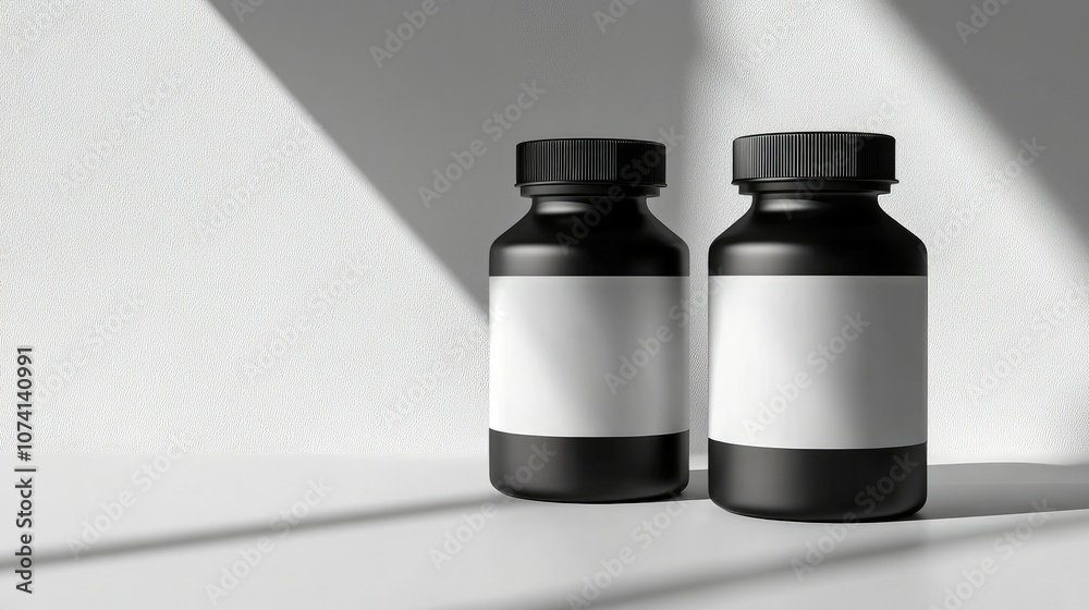 Poster two identical black and white supplement bottles with empty space for text, placed on a clean, brigh
