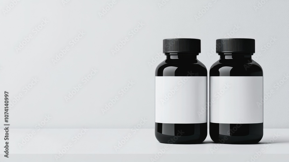 Poster two identical black and white supplement bottles with empty space for text, placed on a clean, brigh