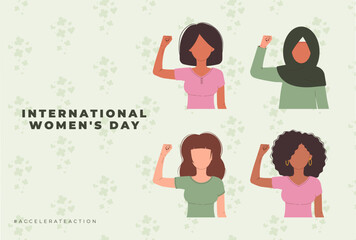 International Womens Day 8 march poster. Campaign 2025 AccelerateAction. Group of women in different ethnicity,age,hair color and more showing strength in their hand. Flat faceless vector illustration