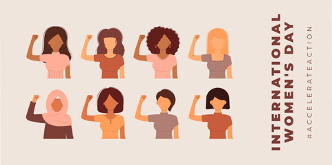 International Womens Day 8 march banner. 2025 AccelerateAction. Group of women in different ethnicity,age,hair color and more showing strength in their hand. Vector background