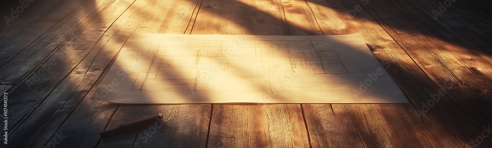Poster a warm, sunlit scene featuring a piece of paper resting on textured wooden surface, casting soft sha