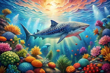 Fototapeta premium Serene Underwater Landscape Featuring a Watercolor Style Whale Shark Swimming Gracefully Through a Vibrant Coral Reef with Sunlight Filtering Through the Crystal Clear Water