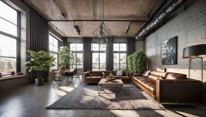 Fototapeta premium Industrial-Inspired Living Room with Concrete Flooring, Leather Furniture, and Black Metal Decor