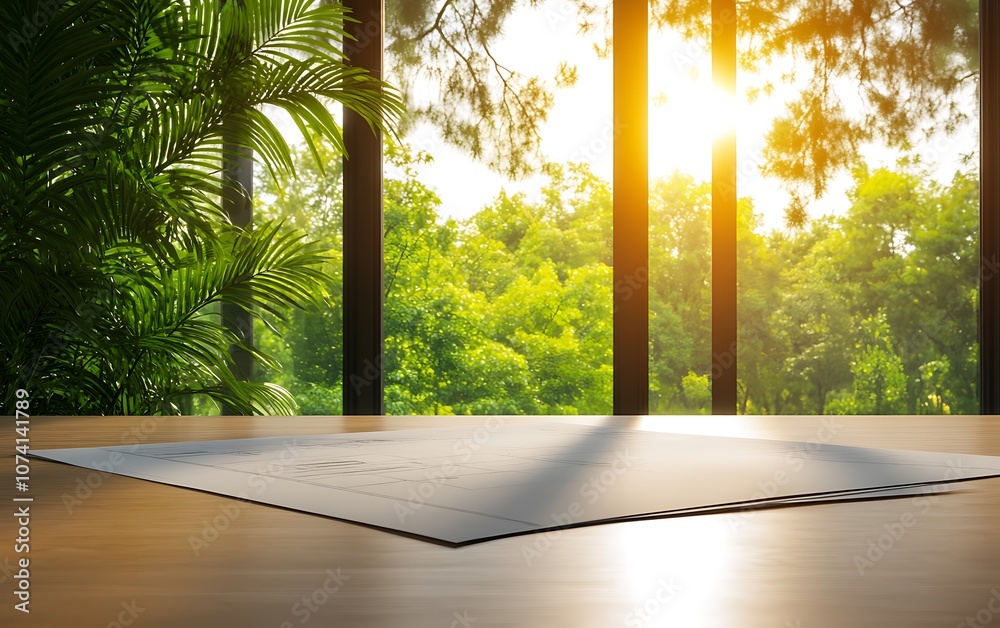 Fototapete A serene workspace with a view of lush greenery and sunlight streaming through large windows, creating a calming atmosphere.