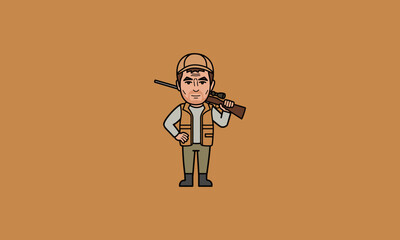 Hunter with rifle wearing cap and vest in outdoors attire.