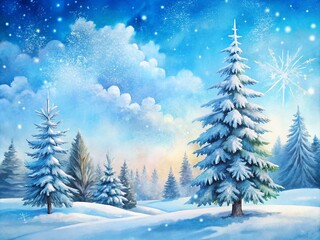 Obraz premium Serene Watercolor Landscape of Snow-Covered Trees with Blue Sky and Gentle Snowflakes, Perfect for Seasonal Themes and Winter Imagery