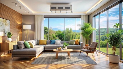 Naklejka premium Modern Living Room Interior with Air Conditioner on a Sunny Day, Stylish Furniture, Bright Colors, Open Space, Relaxing Atmosphere, Contemporary Design, Cozy Environment, Natural Light