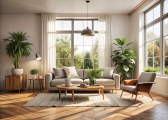 Modern Minimalist Living Room Design with Wooden Floor Illuminated by Sunlight - Bright, Cozy, Contemporary, Relaxing Interior Space