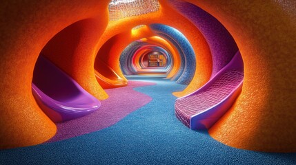 Colorful tunnel with slides and blue carpet.