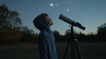 Young boy in a blue hoodie gazing at the night sky through a telescope, exploring the wonders of the universe