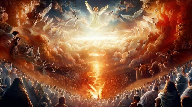Jesus Christ descending from a heavenly sky, surrounded by other angels, while below people are being judged and separated