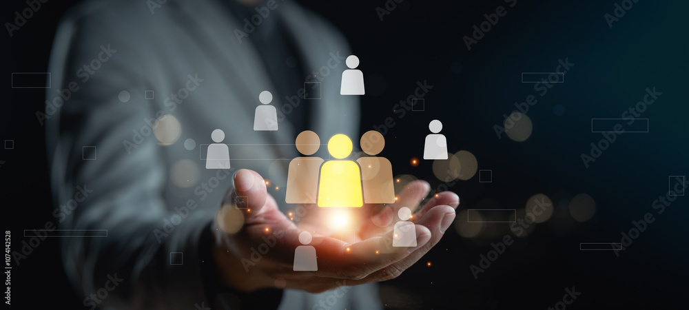 Poster customer relationship management, businessman use tablet with global structure customer network tech