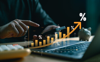 Business graph with percentage, special offer of shopping department store discount and tax concept, adjusting interest rates, raising interest rates to fight inflation, returns on investments.