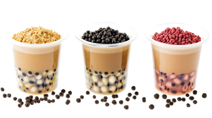 Variety of Tapioca Bubble Tea Flavors With Toppings Displayed Clearly Generative AI