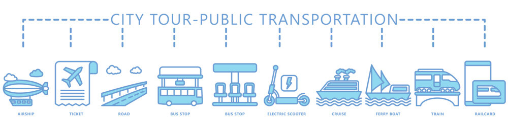Fototapeta premium City tour, public transportation dual tone icon banner. contain airship, road, bus stop, cruise, train, ticket, scooter, card and more. Vector EPS 10. for print, UI or UX kit, web and app development