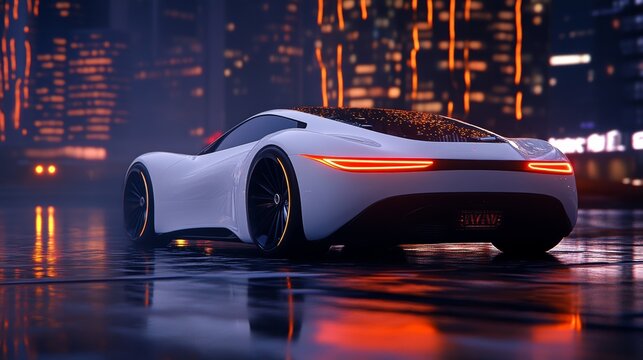 Futuristic White Sports Car at Night Cityscape