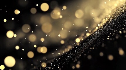 Obraz premium An enchanting display of golden bokeh dots flicker and dance against a pristine black background, The ethereal orbs of light pulse and swirl in a mesmerizing, seamless loop, evoking fireflies or
