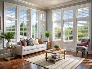 Fototapeta premium Luxury Interior Design with White Wood Shutter Windows for Elegant Home Spaces, Stylish Decor Ideas, Cozy Atmosphere, Modern Aesthetics, and Premium Quality Products
