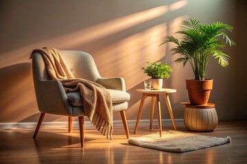 Fototapeta premium Minimalist Interior Design with Ambient Lighting - Cozy and Tranquil Living Space, Soft Textures, Simple Decor, Natural Elements, Warm Colors, and Serene Atmosphere for Home Inspiration