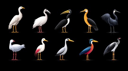 Obraz premium Colorful Wading Birds Collection Heron Crane Ibis Stork Illustrations