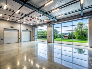 Spacious Empty Garage Interior with Concrete Floor, Natural Light Streaming Through Windows, Ideal for Storage or DIY Projects, Minimalistic Design and Modern Aesthetics