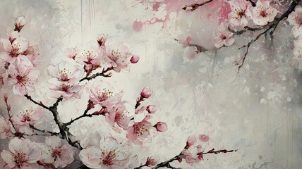 Cherry blossoms gracefully adorn the branches with pale pink flowers creating a tranquil atmosphere in a soft pastel landscape during spring season