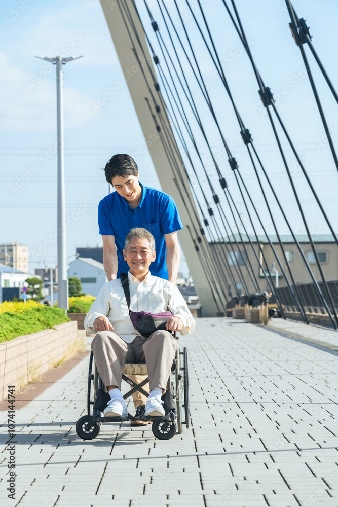 Poster 介護、車椅子、シニア、散歩、介護士、外出、ヘルパー、高齢者、お年寄り、街、笑顔、都市、社会、ウェルネス、福祉、ケアスタッフ、スタッフ、介助、老後、介護福祉士、橋、道路、歩道、バリアフリー、障害者、障害、ホームヘルパー、屋外、サービス、サポート、訪問、リハビリ、健康、ヘルスケア、老人ホーム、付き添い、施設、青空、ポジティブ、元気、明るい、リラックス、男性、デイサービス、日本人、歩く、サルコペニア、フ