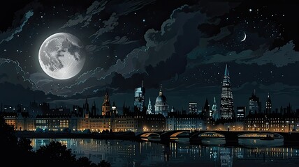 The full moon casts a glow over Londons skyline with reflections in the river Thames showcasing historic and modern architecture on a clear night