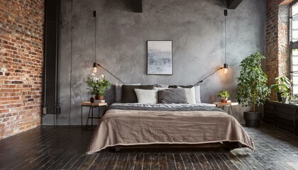 Minimalist Industrial Bedroom with Dark Concrete Floors, Exposed Brick Walls, and Steel Bed