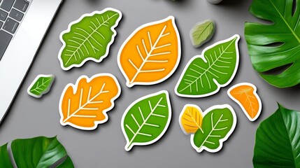 Colorful Autumn Leaves Stickers Flatlay Laptop Green Leaves Background