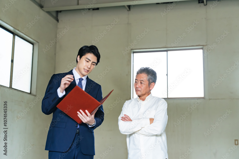Fototapete 内見、内覧、物件、案内、不動産、見積もり、説明、業者、リフォーム、改装、交渉、男性、日本人、建物、ビル、倉庫、店舗、営業、シニア、高齢者、オーナー、大家、ビジネス、ビジネスパーソン、賃貸、販売、中古、スケルトン、内装、工事、原状回復、点検、住宅、リニューアル、老朽化、修繕、工場、建設、建築、設計、居抜き、相談、ビジネスマン、管理、仕事、引っ越し、室内、シリアス、悩む、人物