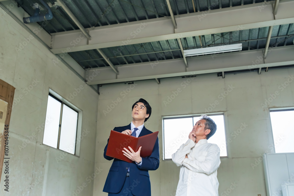 Poster 内見、内覧、物件、案内、不動産、見積もり、説明、業者、リフォーム、改装、交渉、男性、日本人、建物、ビル、倉庫、店舗、営業、シニア、高齢者、オーナー、大家、ビジネス、ビジネスパーソン、賃貸、販売、中古、スケルトン、内装、工事、原状回復、点検、住宅、リニューアル、老朽化、修繕、工場、建設、建築、設計、相談、ビジネスマン、管理、仕事、天井、見上げる、室内、考える、検討、人物