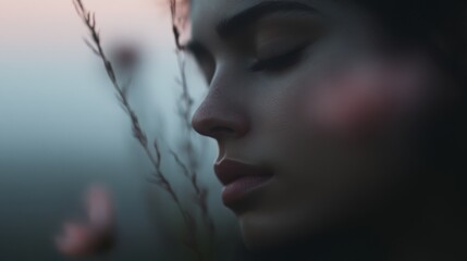 The misty countryside floral scene at dawn creates a dreamy and surreal atmosphere. The soft light gently illuminates the delicate petals, creating subtle shadows and creating a peaceful scenery.