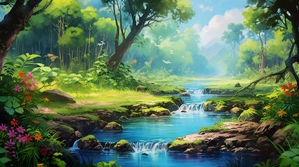 Fototapeta premium A serene landscape featuring a flowing stream, lush greenery, and colorful flowers.