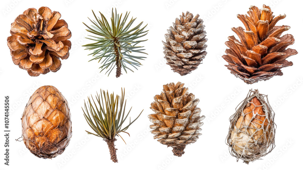 Poster tree tops and cones on a clear background generative ai