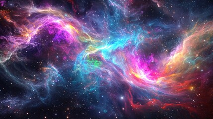 Fototapeta premium A cosmic masterpiece unfolds as a vivid nebula ignites the frame with a rainbow of stellar hues, Wisps of celestial smoke weave through clusters of twinkling stars, creating depth and mystery, This