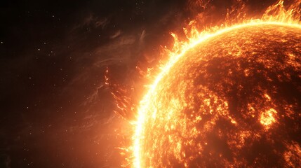 A hyperrealistic 3D rendering of the Sun's turbulent surface, its plasma roiling in terrifying beauty, Massive solar flares erupt from the star's edge, their arcs framing a region of undisturbed