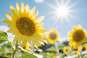 Fototapeta premium a bright, vibrant sunflower field in full bloom under the summer sun.