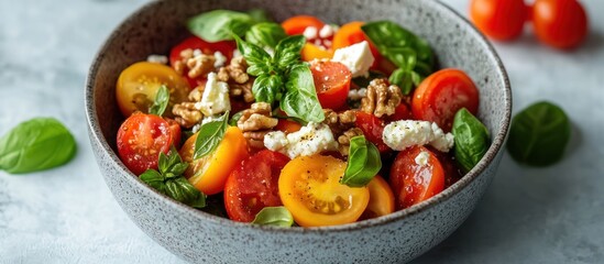 Fresh tomato salad with feta cheese, walnuts, and basil in a bowl.
