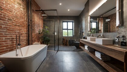 Fototapeta premium Industrial Bathroom with Concrete Flooring, Exposed Brick Walls, and Metal Fixtures